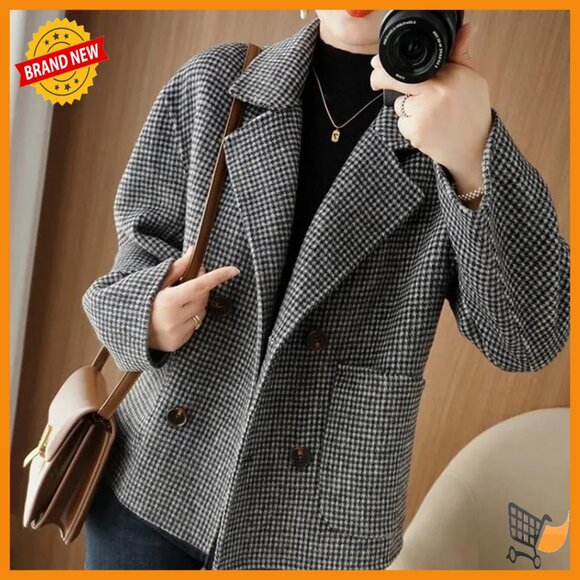 Cropped Wool Pea Coat Double Breasted Houndstooth Blazer Jacket - Picture 5 of 6